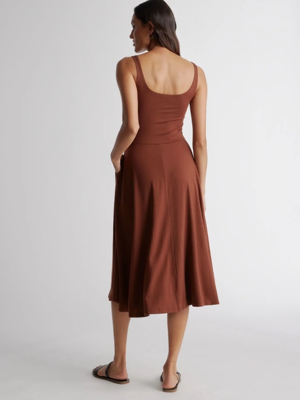 Quince Tencel Jersey Fit Flare Midi Dress Brown Stretchy Size M NWT Classic Chic - Picture 11 of 11